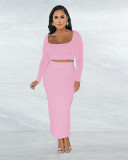 Square Neck Solid Long Sleeve Skirt Two Piece Set ME-8280