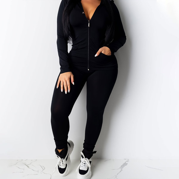 Casual Solid Zipper Hooded Pants Two Piece Set HNIF-9547