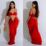 Sexy Wrap Chest Top And Pleated Skirt 2 Piece Set BY-6822