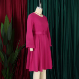 Long Sleeve O Neck Big Swing Midi Dress (With Waist Belt) GATE-D418