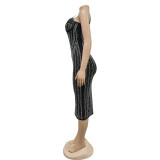 Solid Color Sexy Mesh Hot Drill Sling Midi Dress BY-6821