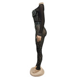 Solid Color Mesh Hot Drill Long Sleeve Jumpsuit BY-6788