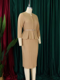 V Neck Ruffles Tops And Pencil Skirt 2 Piece Set GMLF-D3255