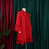 Loose Casual Ruffle Sleeve Tie Solid Midi Dress GMLF-D3248