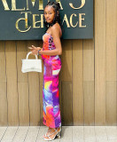 Sexy Print Sling Drawstring Maxi Dress GAKF-40208