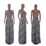 Zebra Print Halter Backless Wide Leg Jumpsuit QYXZ-9929