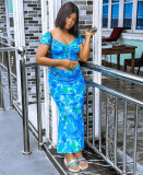 Casual Print Tops And Split Skirt Two Piece Set GAKF-40207