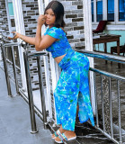 Casual Print Tops And Split Skirt Two Piece Set GAKF-40207