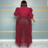 Plus Size See-through Mesh Patchwork Half Sleeve Cake Dress QYXZ-9104