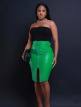 Casual Split PU Leather Half Body Skirt MOF-8940