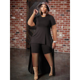 Plus Size Solid Color Short Sleeve Casual Two Piece Short Set QYXZ-9973