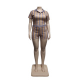 Plus Size Stripe Lapel Backless Two Piece Short Set QYXZ-9112