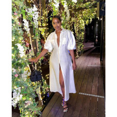 Pllus Size Solid Color Lantern Sleeve Cardigan Long Shirt QYXZ-9946