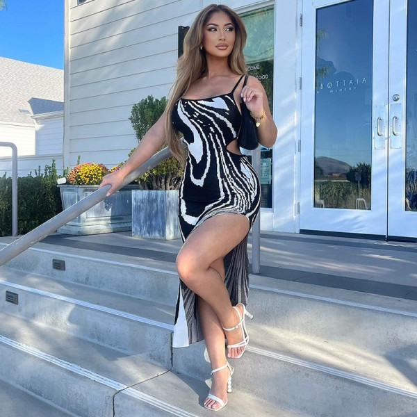 Sexy Print Backless Hollow Out Split Maxi Dress MDF-5391
