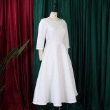 Solid Color O Neck Big Swing Midi Dress GATE-D346