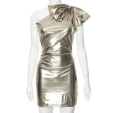 Sexy Bow One Shoulder Metallic Bodycon Dress GDSF-R23DS179