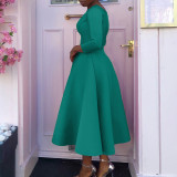 Solid Color O Neck Big Swing Midi Dress GATE-D346