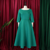 Solid Color O Neck Big Swing Midi Dress GATE-D346