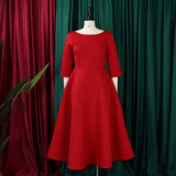 Solid Color O Neck Big Swing Midi Dress GATE-D346
