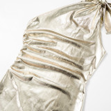 Sexy Bow One Shoulder Metallic Bodycon Dress GDSF-R23DS179