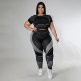 Plus Size Sport Patchwork Short Sleeve Tight Yoga 2 Piece Set GDAM-218123