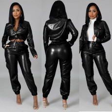 Fashion Slim PU Leather Two Piece Pants Set GRNH-RNH2823