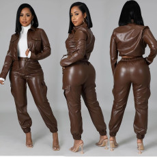 Fashion Slim PU Leather Two Piece Pants Set GRNH-RNH2823