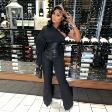 Sexy Single Shoulder Leather Patchwork 2 Piece Pants Set GRNH-28361