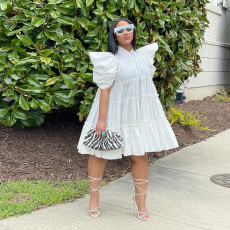 Pleated Bubble Sleeve Loose Midi Dress GRNH-28300