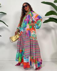 Casual Print Bubble Sleeve Pleated Maxi Dress GRNH-28333