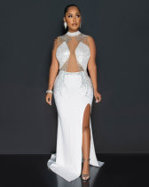 Hot Drill Mesh Patchwork Split Maxi Dress NY-3127