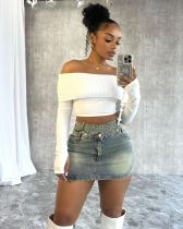 Fashion Crossover Buckle Denim Short Skirt TK-6312