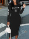 VIP1 Letter Print Long Sleeve Slim Long Dress GDNY-1070