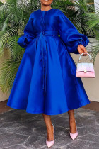 Solid Color Glossy Loose Lantern Sleeve Midi Dress BGN-311