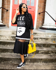 Plus Size Letter Print Mesh Patchwork T Shirt Dress AIL-106