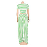Stripe Print Tie Up Loose Two Piece Pants Set AIL-207