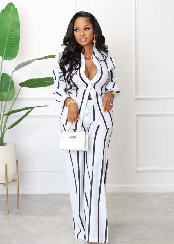 Printed Striped Shirt Loose Pants Two Piece Set AIL-221