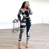 Sexy Print Long Sleeve Two Piece Pants Set NY-3152
