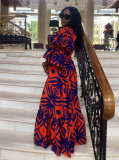 Printed Slash Shoulder Lantern Sleeve Maxi Dress NY-10728