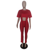 Solid Color Long Flutter Short Sleeve Shorts 2 Piece Set QXTF-8889