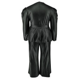Plus Size PU Leather Two Piece Pants Set GDAM-8806