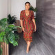 V Neck Print Half Sleeve Back Split Midi Dress NY-10737