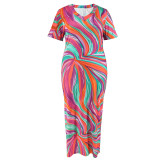 Plus Size Print Short Sleeve V Neck Maxi Dress GDAM-218375