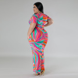 Plus Size Print Short Sleeve V Neck Maxi Dress GDAM-218375