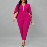 Plus Size Solid Bat Cloak Sexy V-Neck Jumpsuit NNWF-P3049