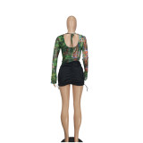 Sexy Mesh Printed Drawstring Top YD-8803