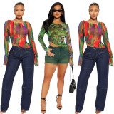 Sexy Mesh Printed Drawstring Top YD-8803