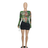 Sexy Mesh Printed Drawstring Top YD-8803