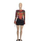 Sexy Mesh Printed Drawstring Top YD-8803