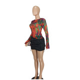 Sexy Mesh Printed Drawstring Top YD-8803